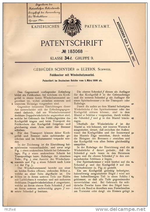 Original Patentschrift - Gebr. Schnyder In Luzern , 1906 , Feldkocher Mit Windschutz !!! - Equipement