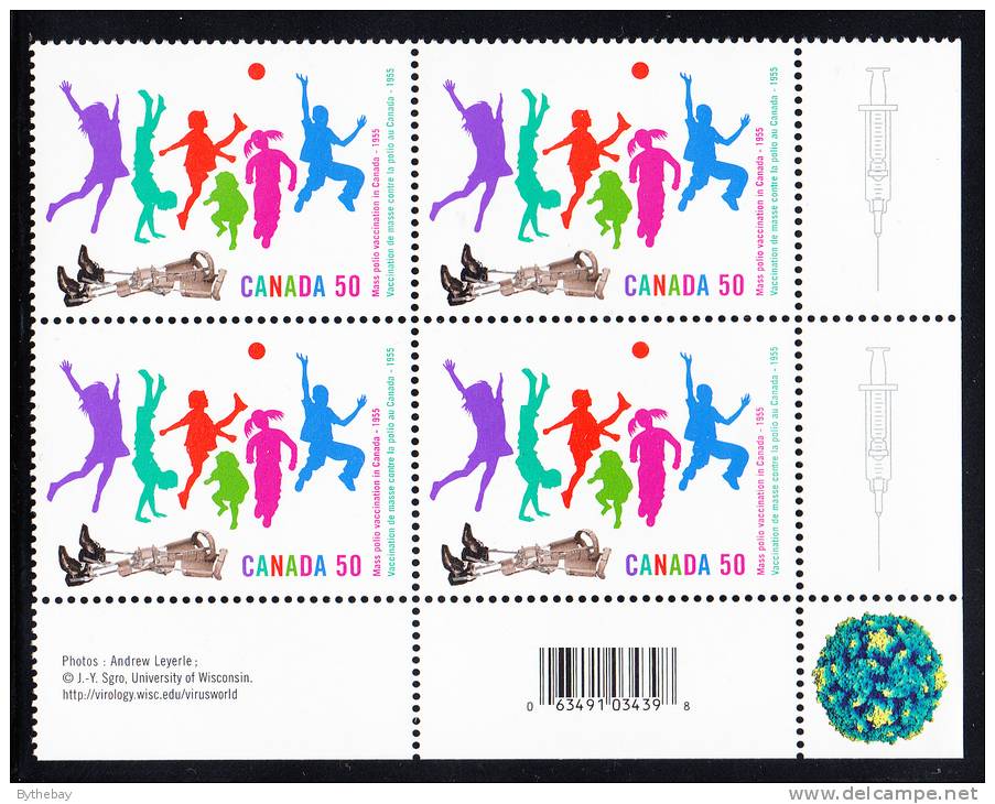 Canada MNH Scott #2120 Lower Right Plate Block 50c Polio Vaccination 50th Anniversary In Canada - With UPC Barcode - Num. Planches & Inscriptions Marge