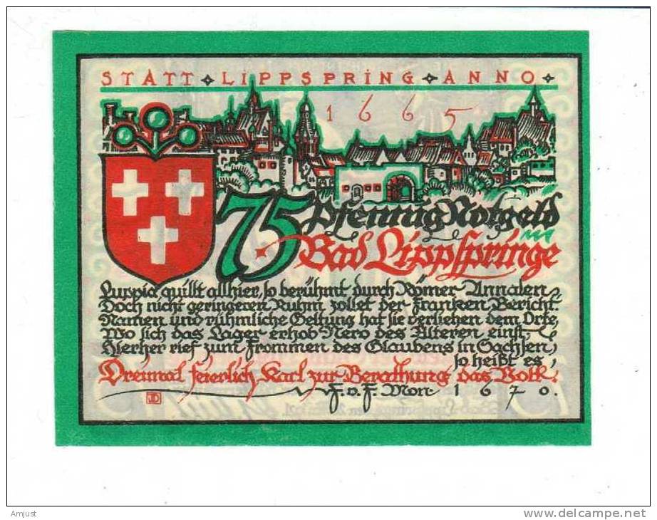 Moyen D´urgence, Lippspringe 75 Pfenning 1921 - [11] Local Banknote Issues