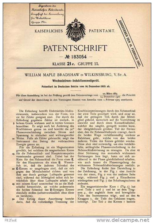 Original Patentschrift - W. Bradshaw In Wilkinsburg , USA , Wechselstrom - Meßgerät , Induktionsmeßgerät !!! - Historical Documents