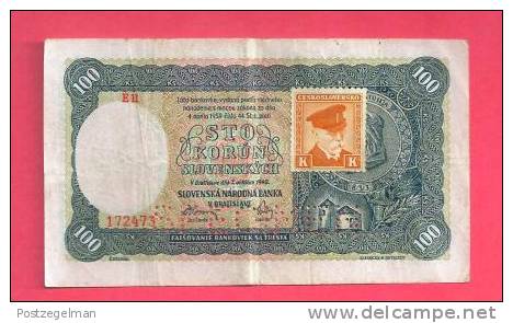 CZECHOSLOVAKIA 1945 Banknote Used VF 100 Korun Nr. 52 Perforated Specimen (folded) - Tsjechië