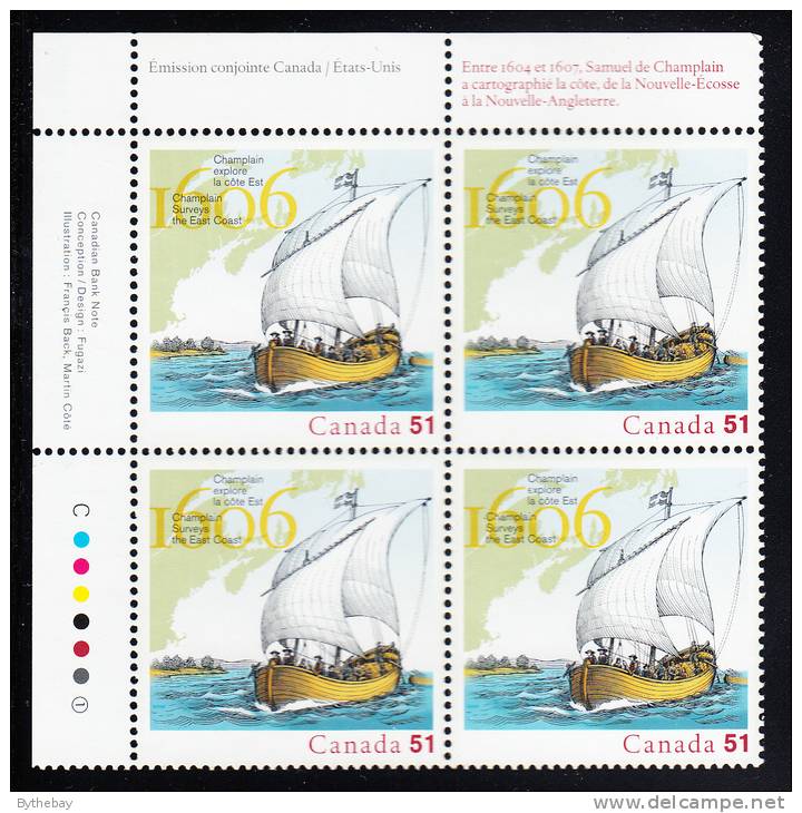 Canada MNH Scott #2155 Upper Left Plate Block 51c 400th Anniversary Champlain Mapping East Coast - Joint With USA - Num. Planches & Inscriptions Marge