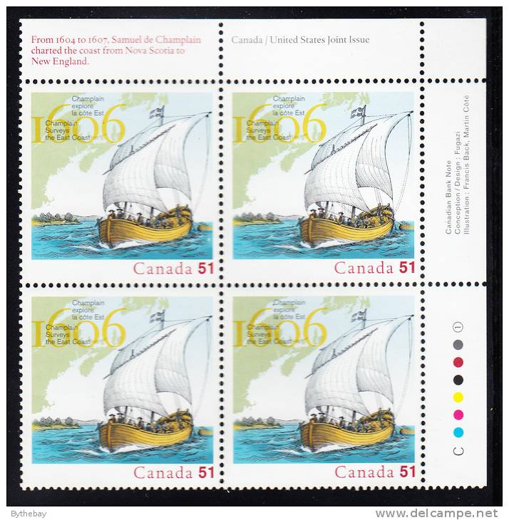 Canada MNH Scott #2155 Upper Right Plate Block 51c 400th Anniversary Champlain Mapping East Coast - Joint With USA - Plate Number & Inscriptions