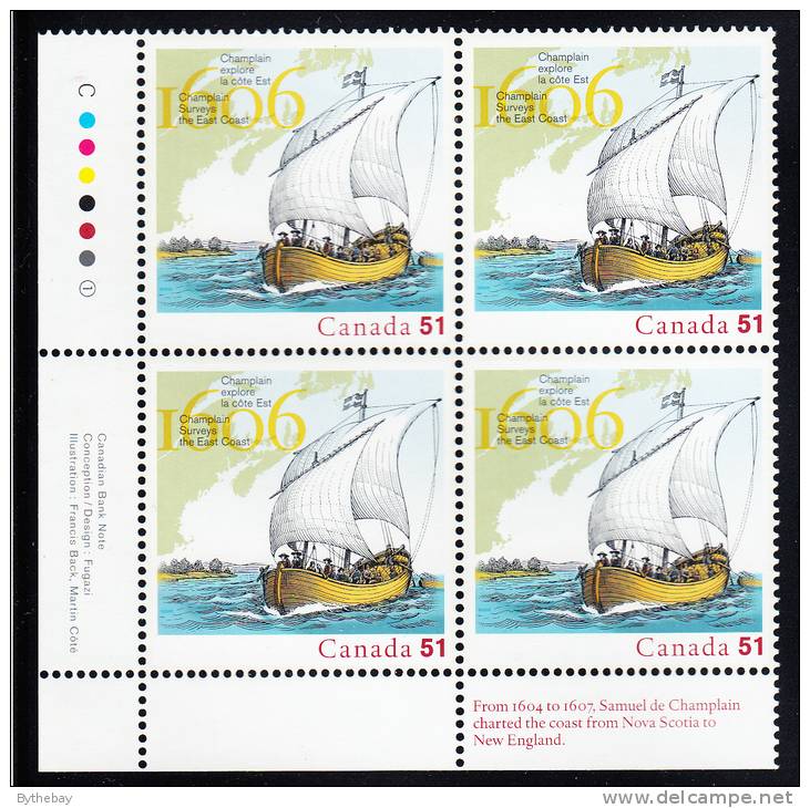 Canada MNH Scott #2155 Lower Left Plate Block 51c 400th Anniversary Champlain Mapping East Coast - Joint With USA - Plattennummern & Inschriften