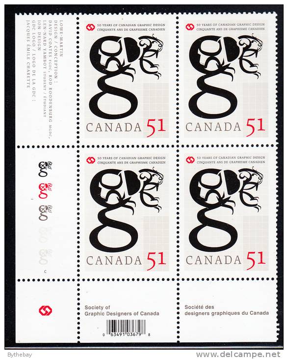 Canada MNH Scott #2167 Lower Left Plate Block 51c Society Of Graphic Designers 50th Anniversary - With UPC Barcode - Num. Planches & Inscriptions Marge