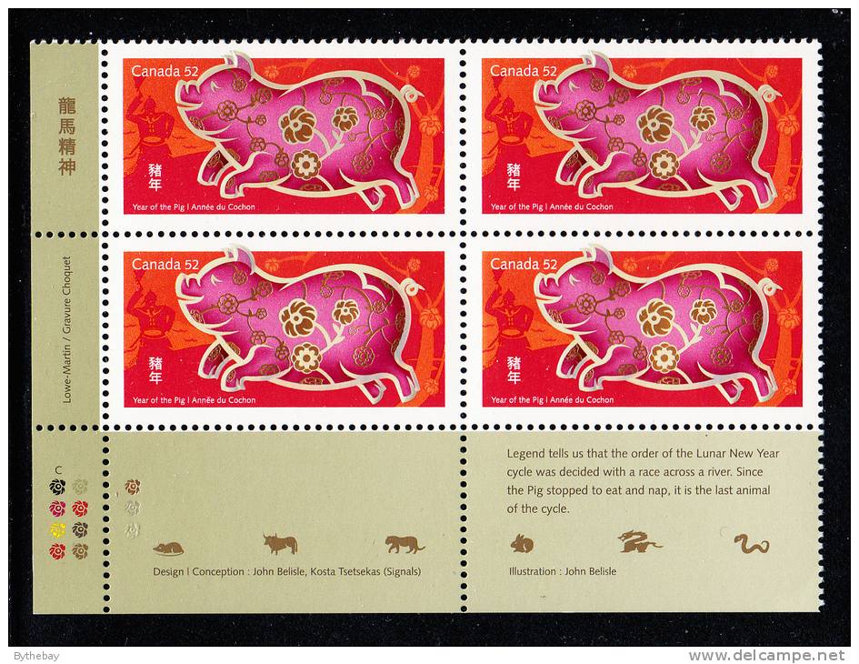 Canada MNH Scott #2201 Lower Left Plate Block 52c Year Of The Pig - Lunar New Year - Num. Planches & Inscriptions Marge