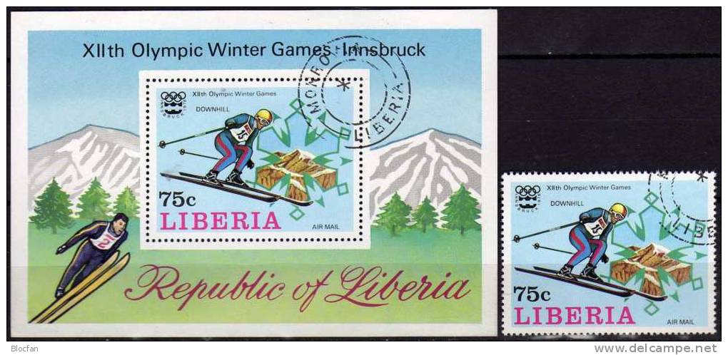 Olympiade Innsbruck 1976 Liberia 986+Block 79 O 4&euro; Skiabfahrt-Lauf Hojita Winter-sport Bloc Olympic Sheet Bf Africa - Liberia