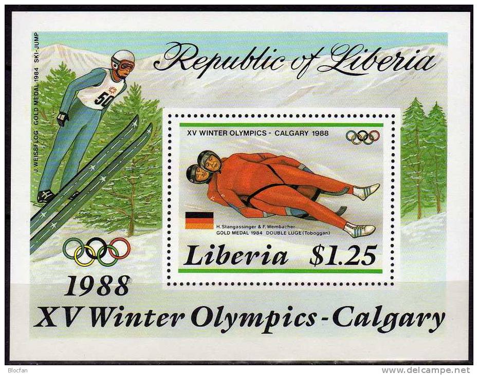 Olympiade Calgary 1988 Liberia Block 112 ** 4&euro; Gold Im Rennrodeln Germany Winter-Sport Bloc Olympic Sheet Bf Africa - Liberia