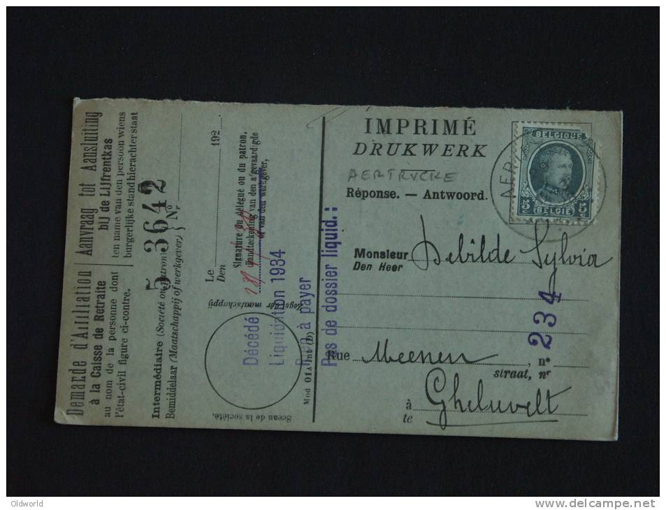 Carte Caisse De Retraite Aertrycke Naar Gheluvelt 1926 Lijfrentekas Houyoux  (ref 175) - 1922-1927 Houyoux