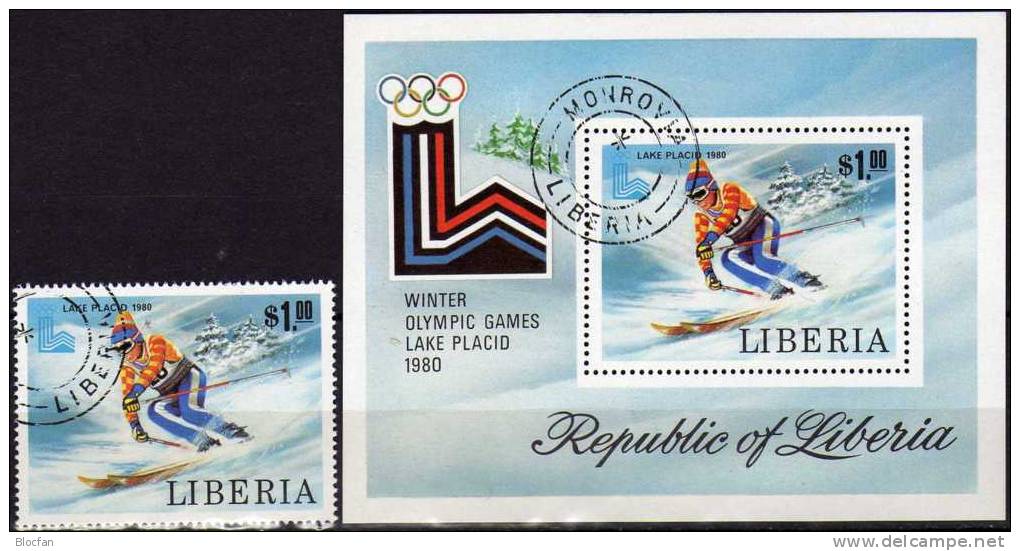 Olympia Lake Placid 1980 Liberia 1174+ Block 95 O 5€ Ski-Abfahrtslauf Bf Fogli Winter-sport Bloc Olympic Sheet Of Africa - Liberia