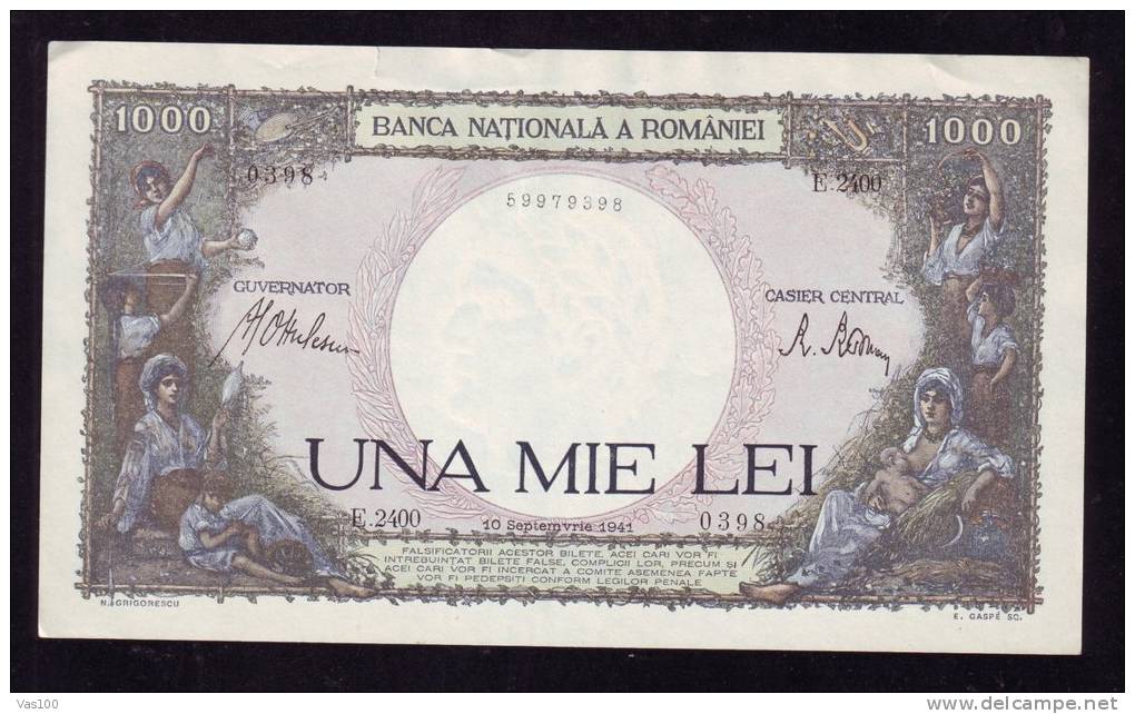 UNUA MIE LEI 10 SEPT 1941 BILETE 1000 LEI ROMANIA. - Roumanie