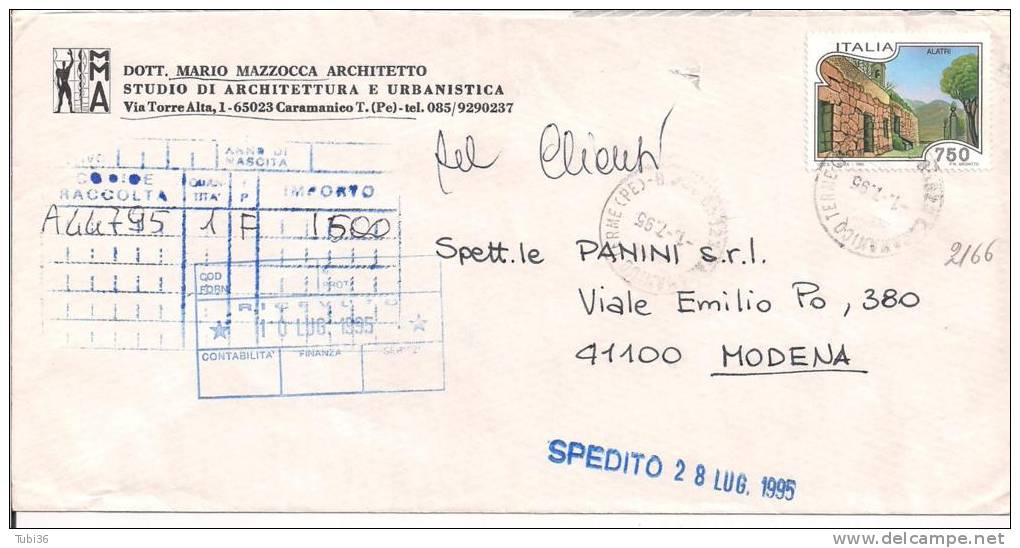 STORIA POSTALE - TURISTICA  ALATRI ,LIRE 750 ,S 2166, ISOLATO IN TARIFFA SU  LETTERA VIAGGIATA  1995 - Other & Unclassified