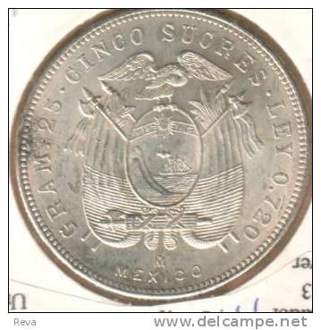 ECUADOR 5 SUCRES ARMS EAGLE BIRD (MEXICO) FRONT MAN SUCRE HEAD BACK 1943 AG SILVER VF KM79READ DESCRIPTION CAREFULLY !!! - Ecuador