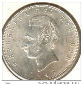 ECUADOR 5 SUCRES ARMS EAGLE BIRD (MEXICO) FRONT MAN SUCRE HEAD BACK 1943 AG SILVER VF KM79READ DESCRIPTION CAREFULLY !!! - Ecuador