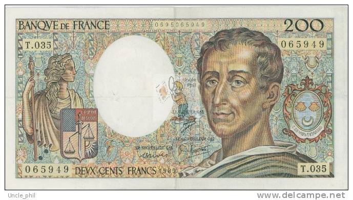 MONTESQUIEU 200 FRANCS - 1985 - T.035 - O° - COTE IPCbanknotes: 40 Euros - 200 F 1981-1994 ''Montesquieu''