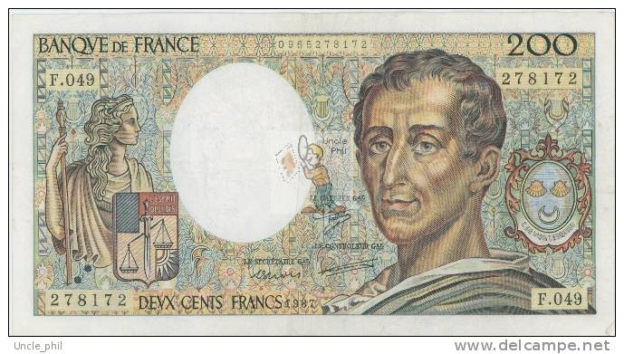 MONTESQUIEU 200 FRANCS - 1987 - F.049 - O° - COTE IPCbanknotes: 35 Euros - 200 F 1981-1994 ''Montesquieu''