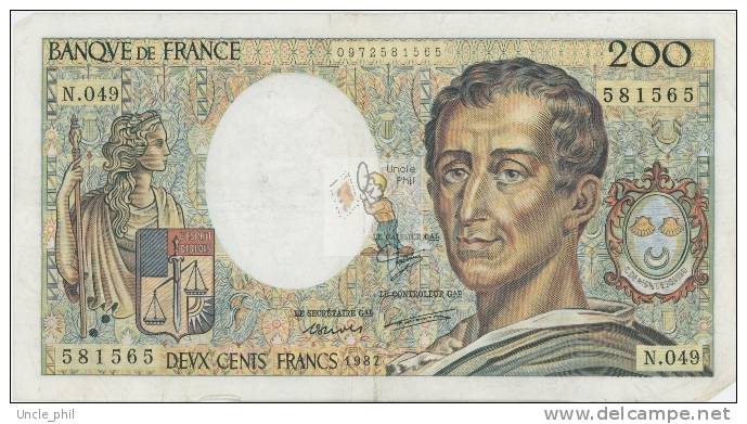 MONTESQUIEU 200 FRANCS - 1987 - N.049 - O - COTE IPCbanknotes: 20 Euros - 200 F 1981-1994 ''Montesquieu''