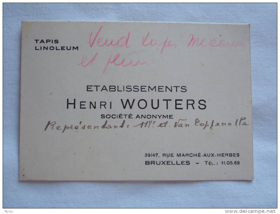 Carte De Visite. Visitekaartje. Etablissements Henri Wouters. Bruxelles. Tapis, Linoleum - Cartes De Visite