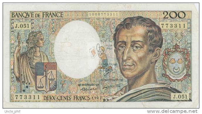MONTESQUIEU 200 FRANCS - 1987 - J.051 - O - COTE IPCbanknotes: 20 Euros - 200 F 1981-1994 ''Montesquieu''