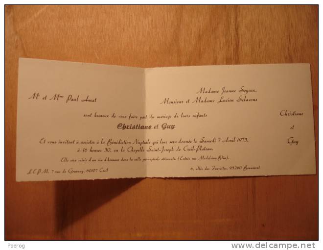 CARTE FAIRE PART DE MARIAGE INVITATION - CHRISTIANE ET GUY - 7 AVRIL 1973 - CREIL OISE - Boda