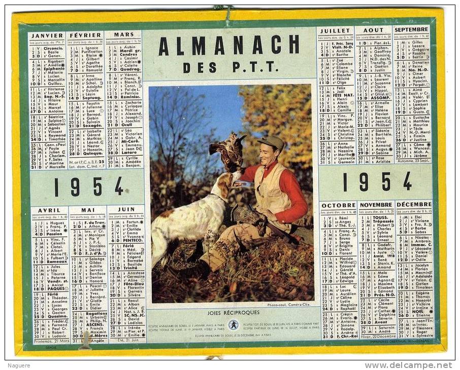 CALENDRIER ORIGINAL 1954  JOIES RECIPROQUES   CHASSE - Grand Format : 1941-60