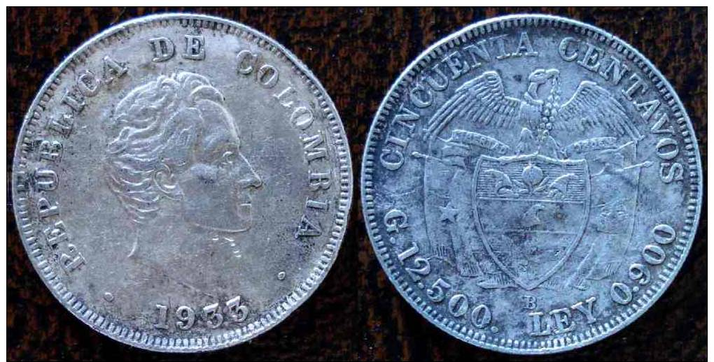 (J) COLOMBIA: 50 Centavos Plata (Silver) 1933 XF (653) - Colombia