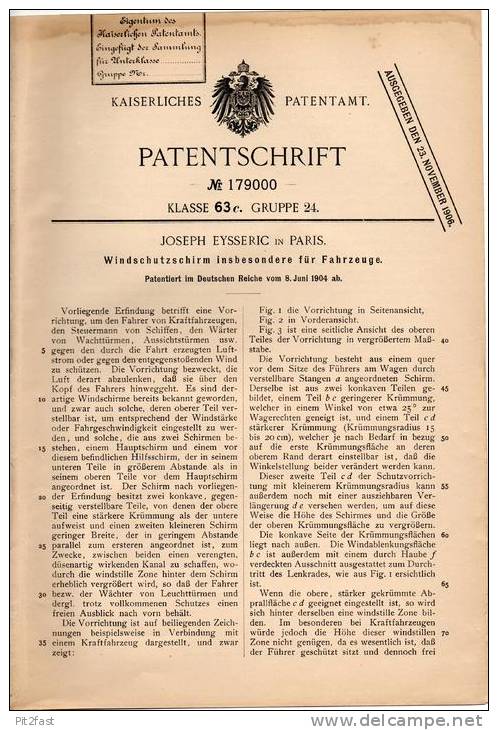 Original Patentschrift - J. Eysseric In Paris , 1904 , Windschutzscheibe Für Fahrzeuge , Automobile !!! - Cars