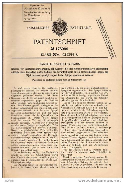 Original Patentschrift - C. Nachet In Paris , 1905 , Kamera Für Dreifarben - Photographie , Camera !!! - Fotoapparate