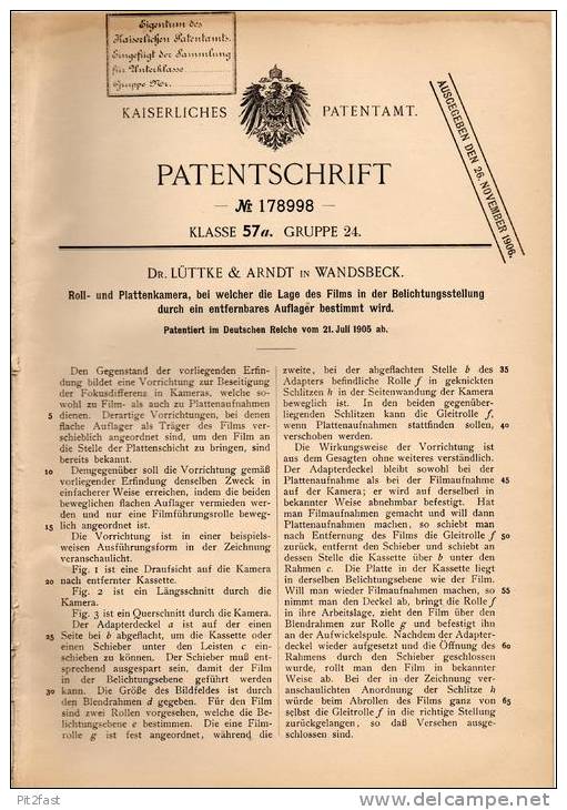 Original Patentschrift - Dr. Lüttke & Arndt In Wandsbeck , 1905 , Roll- Und Plattenkamera , Kamera , Photographie !!! - Fototoestellen