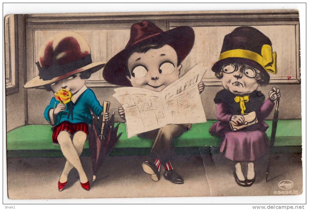 P CHILDRE CARTOON CHARACTERS IN THE TRAIN OLD POSTCARD - Other & Unclassified