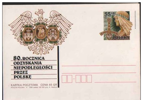 Poland Pologne Postal Stationery, 80 Years Of Independence, 1998. - Stamped Stationery