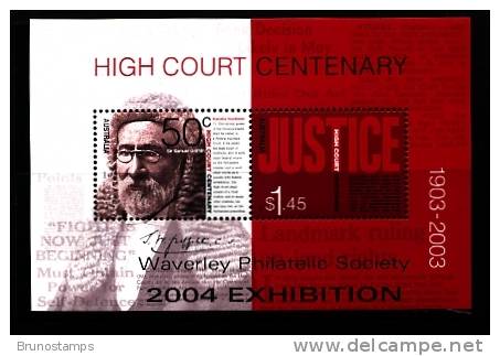AUSTRALIA - 2003  HIGH COURT CENTENARY MS OVERPRINTED WAVERLEY PHIL. SOC. MINT NH - Blocks & Sheetlets