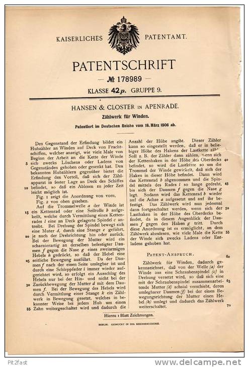 Original Patentschrift - Hansen & Closter In Apenrade/ Aabenraa , 1906 , Zählwerk Für Winden !!! - Danimarca