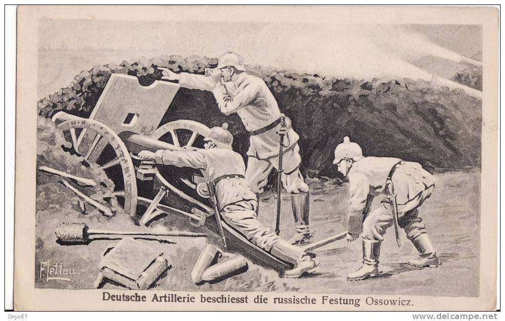 Militaire-Deutsche Artillerie Beschiesst Die Russische Festung OSSOWICZ -Dessin- Illustrateur F.LETTAU 2 SCANS - Rusland