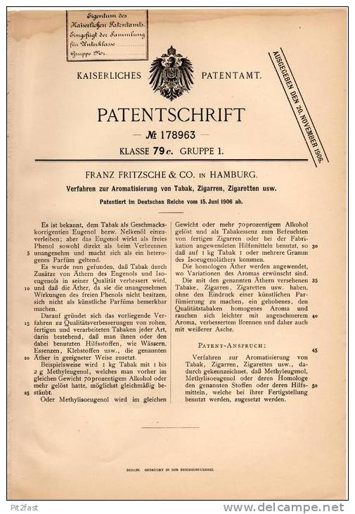 Original Patentschrift - Aromatisierung Von Tabak , Zigarren Und Zigaretten , 1906 , F. Fritzsche In Hamburg , Cigarre ! - Documenti