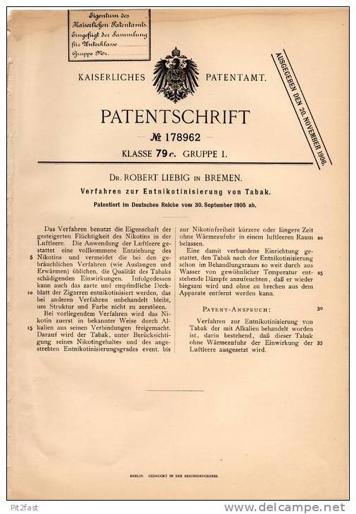 Original Patentschrift - Entnikotisierung Von Tabak , 1905 , Dr. Liebig In Bremen , Nikotin , Cigarre , Zigarette !!! - Documents