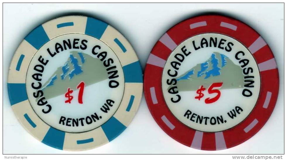 Lot De 2 Jetons Cascade Lanes Casino Renton WA $1 $5 - Casino