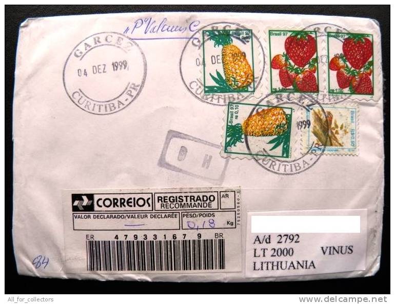 Cover Sent From Brazil To Lithuania, 1999, REGISTERED, Plants Fruits Morangoabacaxi, Bird, Curitiba - Briefe U. Dokumente