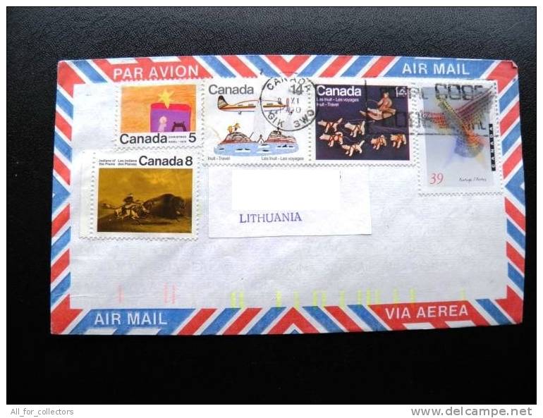 Cover Sent From CANADA To Lithuania, 1990, Drawing Of Children Plane, Indians, Bird Alphabet, Inuit Travel Dogs, Noel - Enveloppes Commémoratives