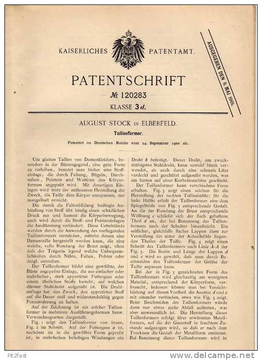 Original Patentschrift - A. Stock In Elberfeld , 1900 , Former Für Taille , Taillenformer , Wuppertal , Korsett , Corset - Before 1900