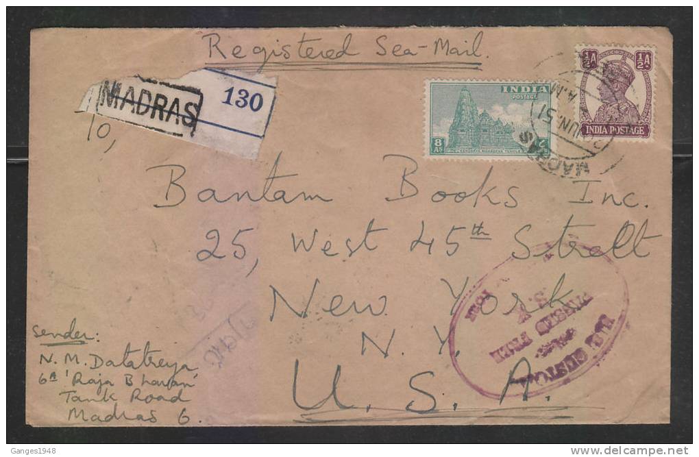 India 1958  REGISTERED...CUSTOMS FREE... COVER TO U.S.A. #  39658  Inde - Covers & Documents