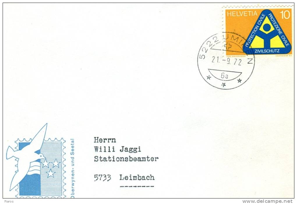 Switzerland (Helvetia) -Philatelic Cover Posted Umiken [21.9.1972] To Leimbach - "Civil Defense Emblem" 10c. Stamp - Covers & Documents