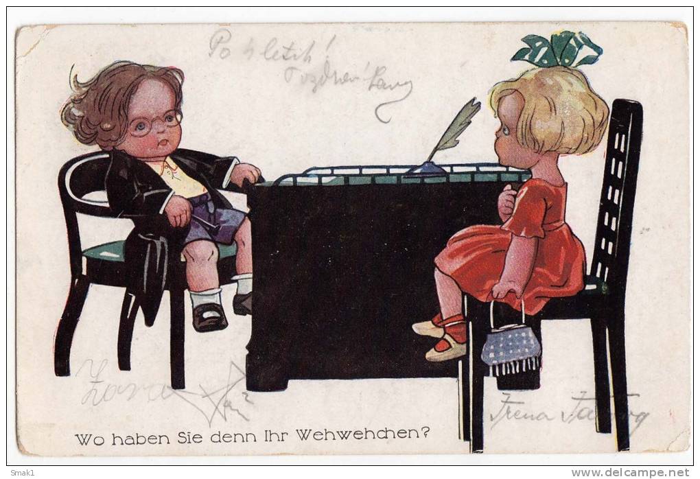 P CHILDREN BOY AND A GIRL SITTING ON CHAIRS NEUE MEISTER VERLAG Nr. 473 OLD POSTCARD 1921. - Other & Unclassified