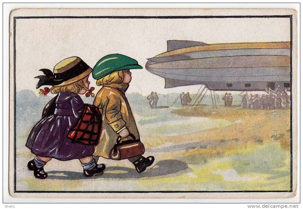 P CHILDREN BOY AND A GIRL ARE TRAVELLING BY AIRSHIP NEUE MEISTER VERLAG Nr. 481 OLD POSTCARD 1922. - Other & Unclassified