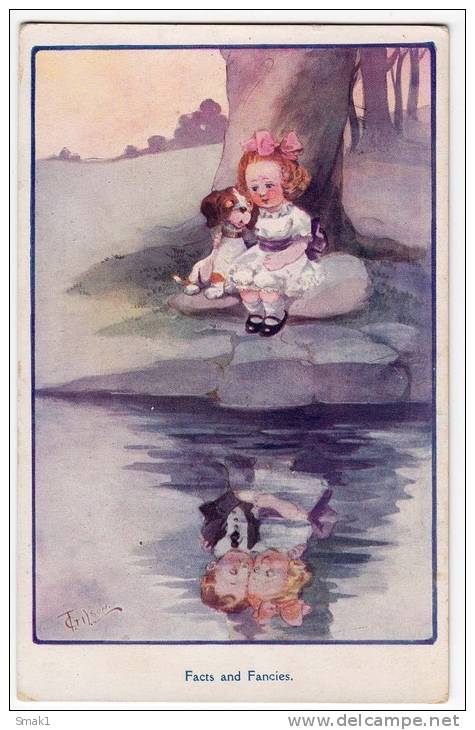 P CHILDREN A LITTLE GIRL AND HER DOG SITTING BY THE LAKE  Nr. 51432 OLD POSTCARD - Other & Unclassified