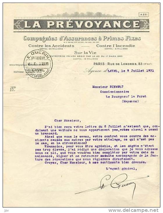 FACTURE LETTRE ASSURANCE : PARIS . LA PREVOYANCE . 1931 . - Bank & Insurance
