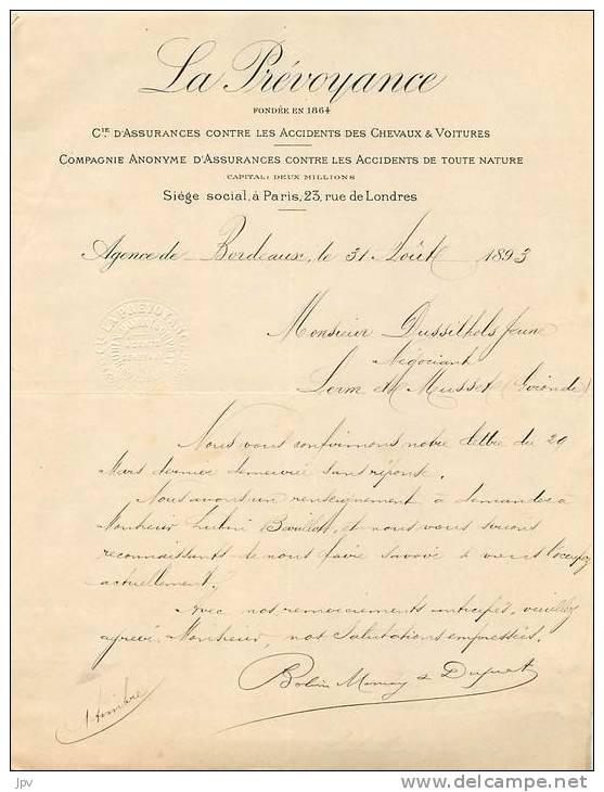 FACTURE LETTRE ASSURANCE : BORDEAUX . LA PREVOYANCE . 1893 . - Bank & Insurance