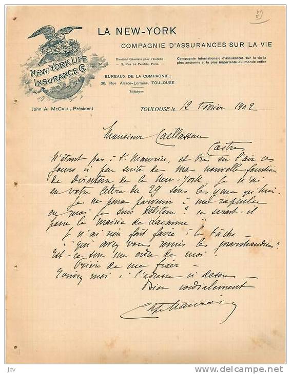 FACTURE LETTRE ASSURANCE : TOULOUSE . LA NEW YORK . 1902 . - Bank & Insurance