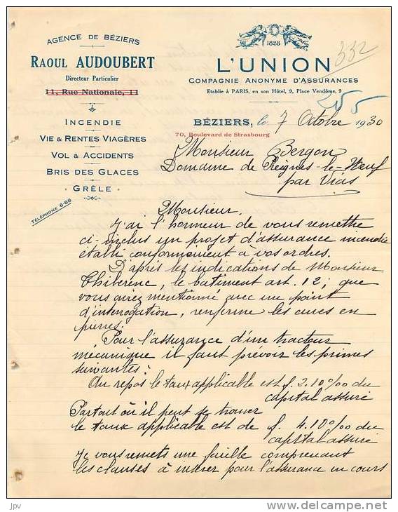 FACTURE LETTRE ASSURANCE : BEZIERS . L'UNION . 1930 . - Bank & Insurance