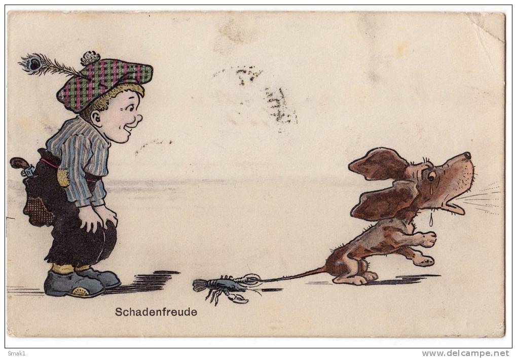 P CHILDREN A CRAB CATCHED A DOG WHILE A BOY WATCHING  NVSB Nr. 1113 JAMMED CORNER OLD POSTCARD - Other & Unclassified